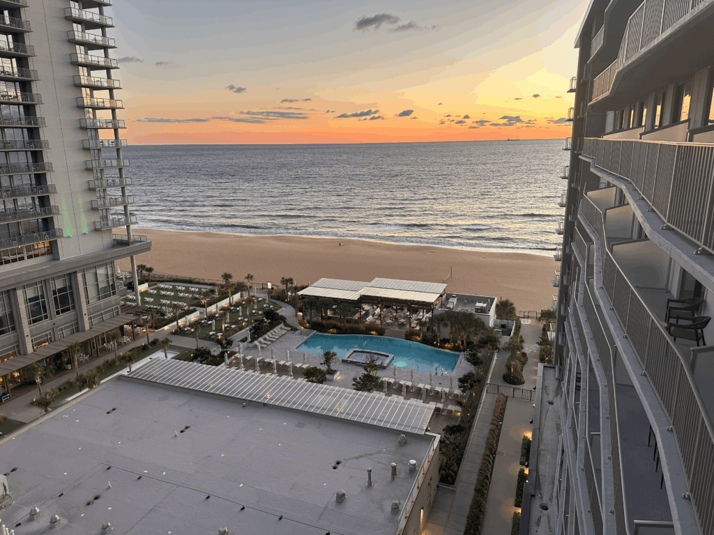 Virginia Beach oceanfront view with boardwalk and beach on a weekend escape.